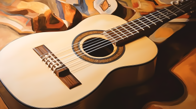 木质桌上的经典古朴弦乐器吉他摄影图
