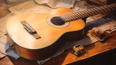 木桌上的传统手工艺古典吉他摄影图