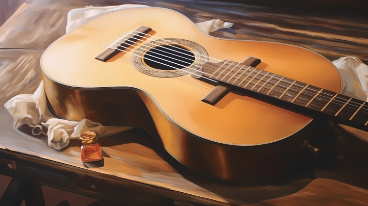 木质桌上的复古手工艺古典吉他摄影图版权图片下载