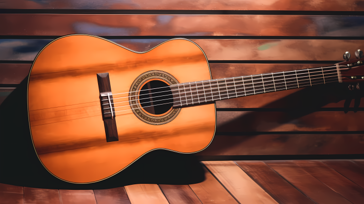 木桌上古典吉他摄影图版权图片下载