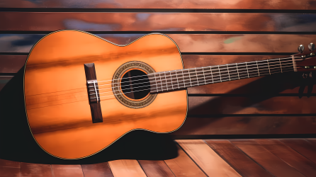 木桌上古典吉他摄影图