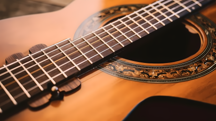 古典吉他在木质桌上的摄影图