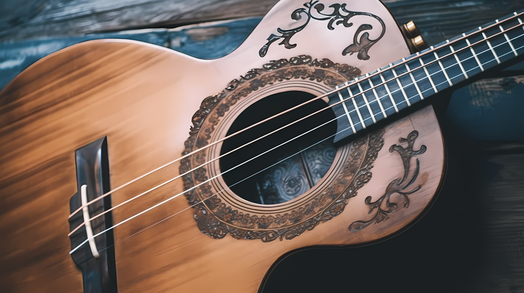 木桌上的经典吉他摄影图