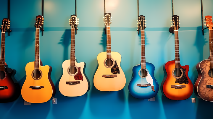 挂在蓝色背景上的各式各样的吉他高清图版权图片下载