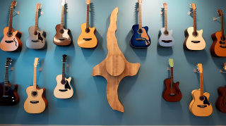 创意吉他浅棕蓝色琴海摄影图