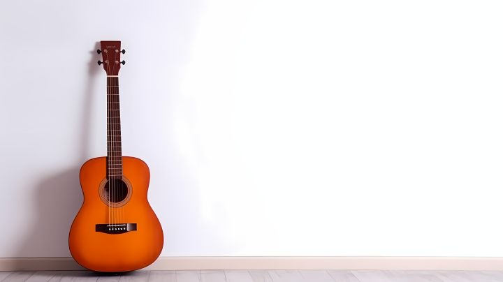 古典原木吉他在极简白色空间摄影图版权图片下载