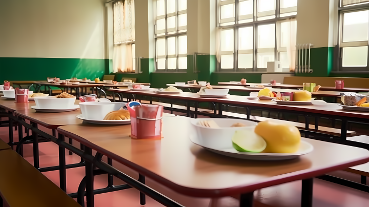 小学食堂用餐桌椅伙食搭配摄影图版权图片下载
