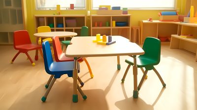 幼儿园教室桌椅明亮摄影图