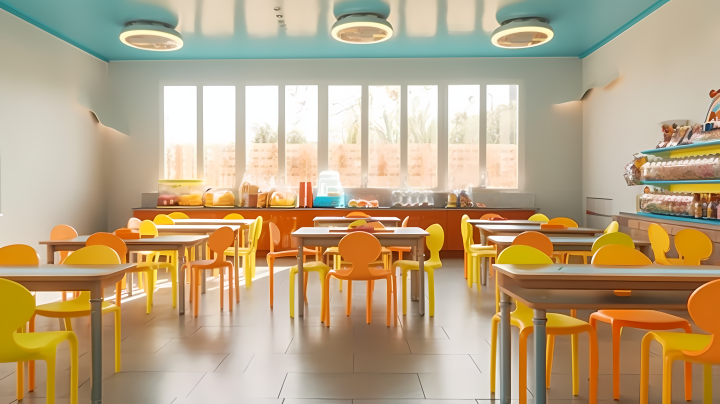 幼儿园食堂可爱小桌椅摄影图版权图片下载