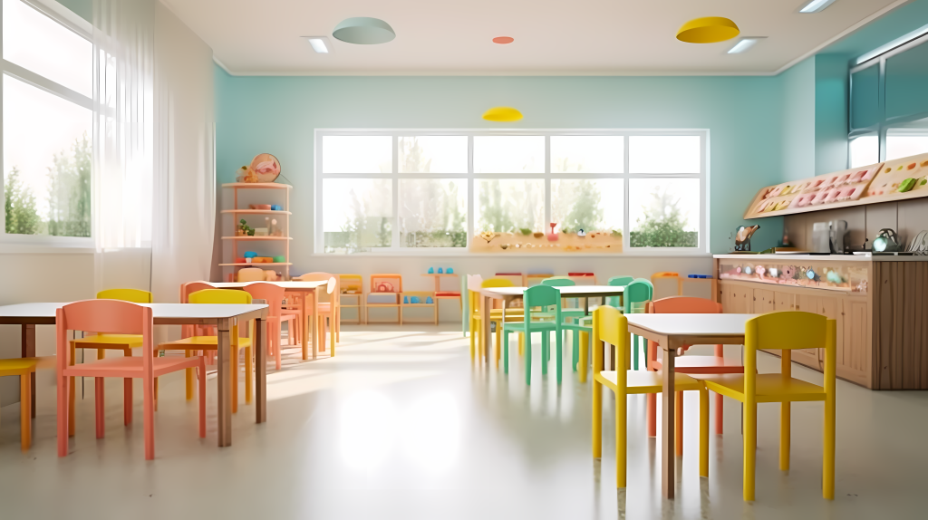 幼儿园可爱彩色桌椅摄影图版权图片下载