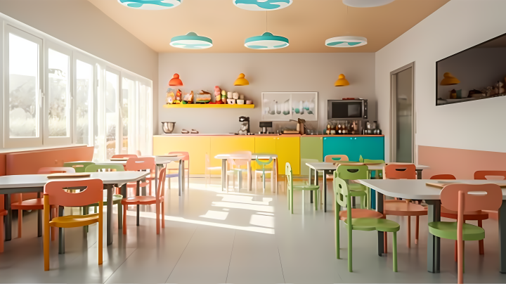 幼儿园餐厅彩色小椅摄影图版权图片下载