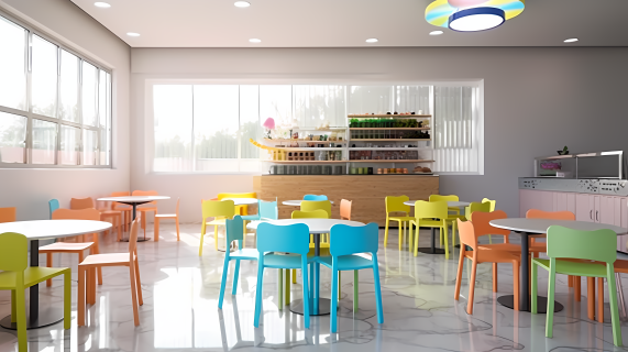 幼儿园餐厅彩色桌椅摄影图