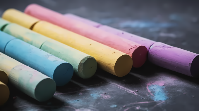 彩色粉笔在桌子上的特写摄影图