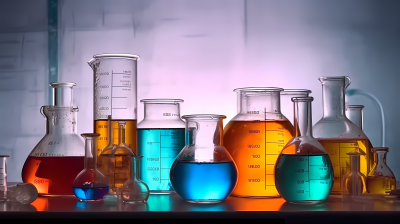 实验室桌上的彩色液体瓶摄影图片