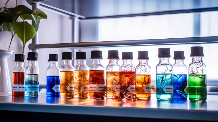 实验室桌上的五颜六色试剂摄影图版权图片下载