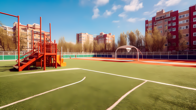 蓝天白云下的校园操场高清图