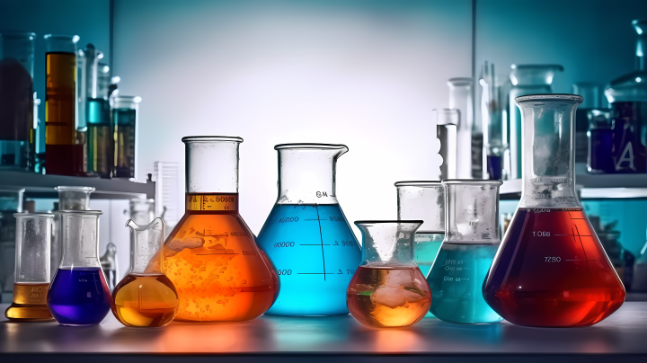 实验室长桌上色彩斑斓的液体瓶摄影版权图片下载
