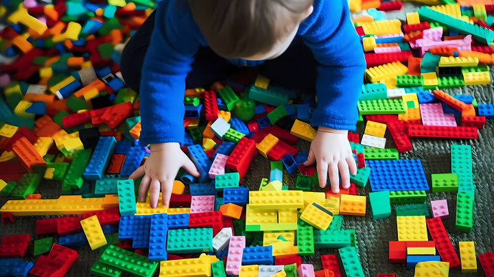 地毯上的儿童玩彩色积木玩具摄影图版权图片下载