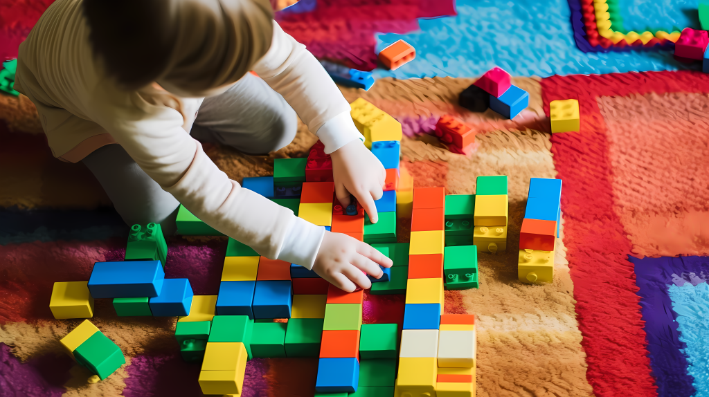 地毯上缤纷积木儿童游戏摄影图版权图片下载