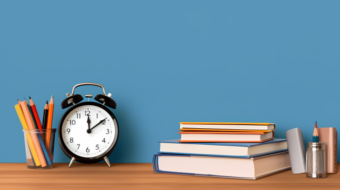 蓝色背景墙前的学习工具图