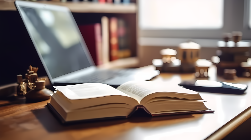 实木书桌上的文学书籍版权图片下载