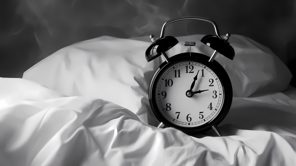 白色被子上的黑色闹钟摄影图版权图片下载