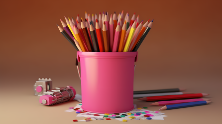 粉色桶装铅笔绘画材料摄影图