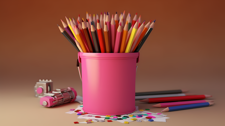 粉色桶装铅笔绘画材料摄影图版权图片下载