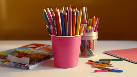 鲜艳的笔筒里的各种颜色的彩铅拍摄图