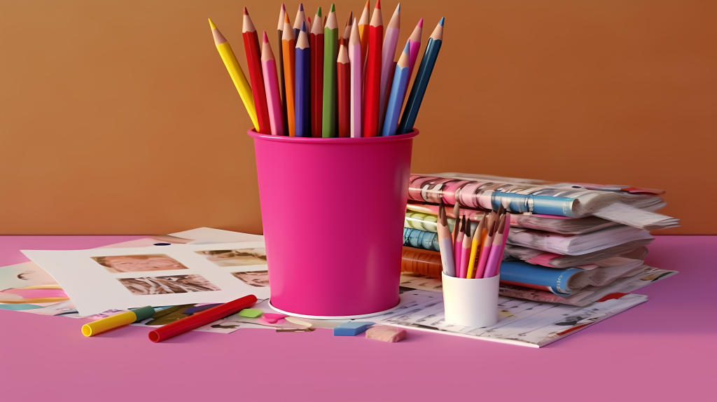 创意手工粉色笔筒里的彩铅拍摄图版权图片下载