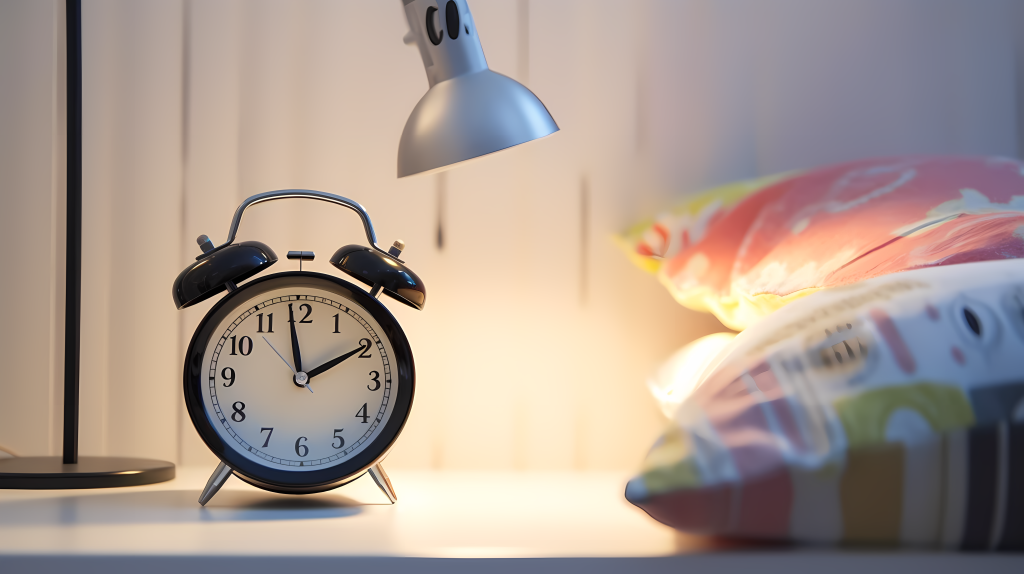 文艺床头时钟与灯光摄影图版权图片下载