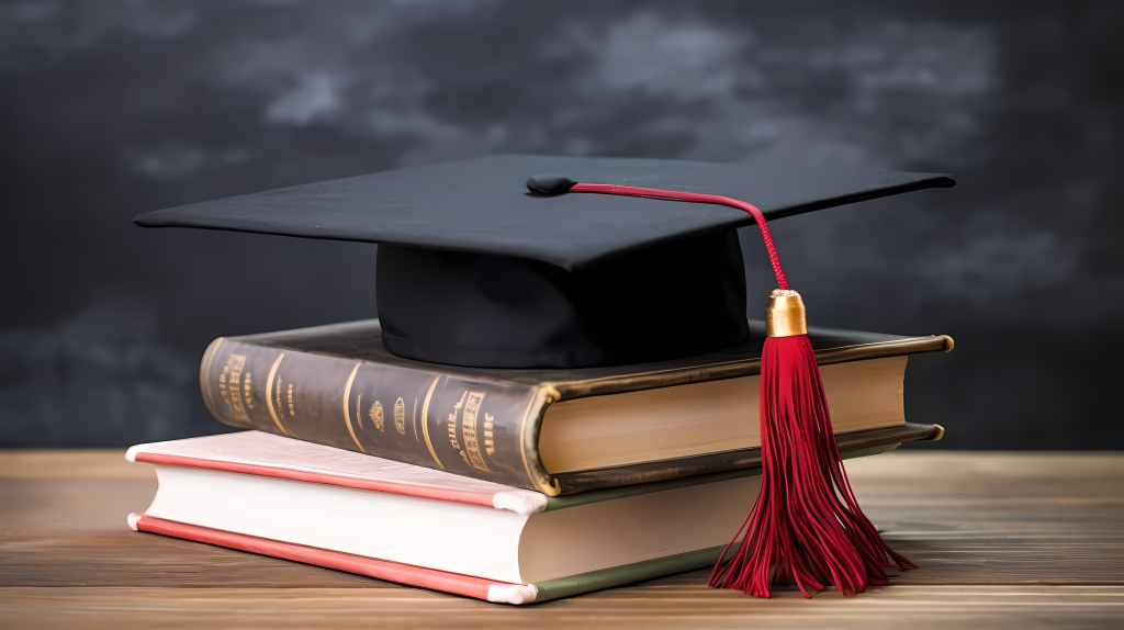 毕业典礼上的书本与帽子摄影版权图片下载