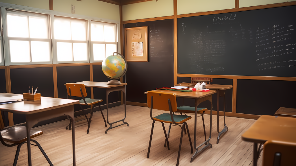 怀旧教室黑板桌椅摄影图版权图片下载