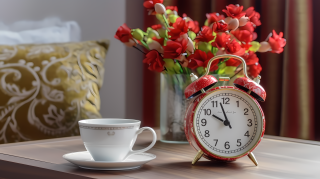 铁艺闹钟与书籍的组合摄影图