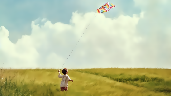 孩子户外放风筝的草地摄影图版权图片下载