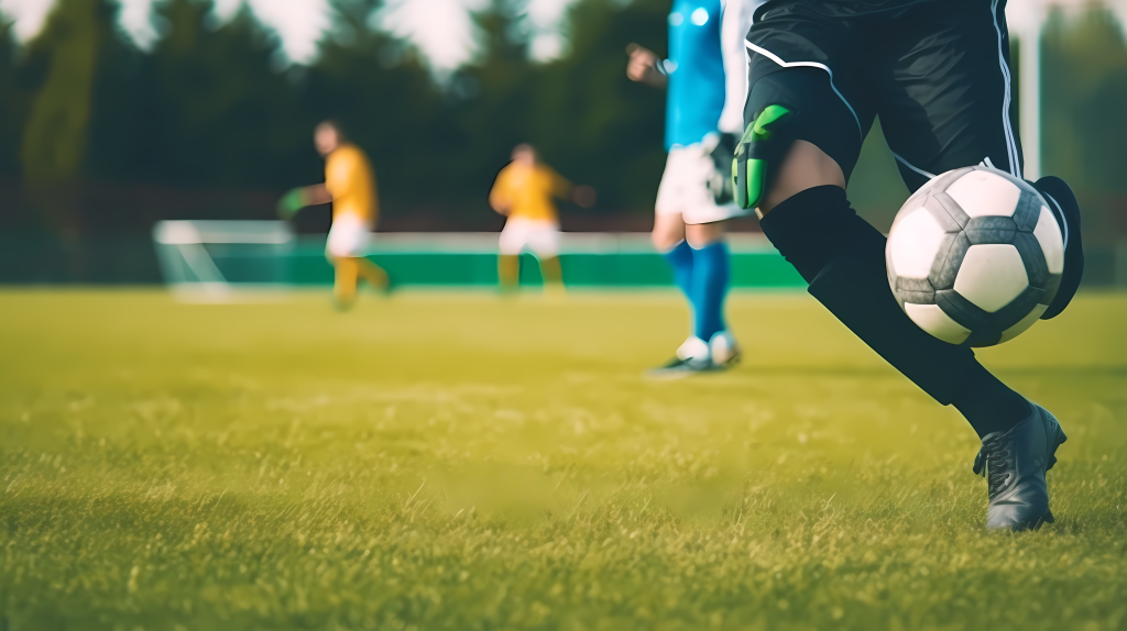 足球运动员在草坪上踢球的摄影图片