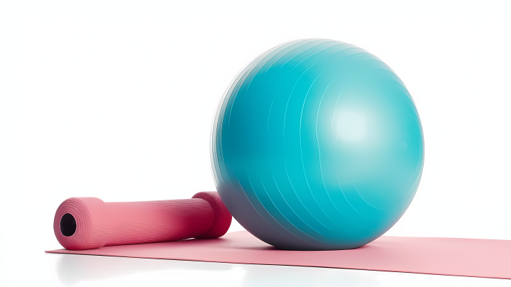 粉色瑜伽垫和蓝色瑜伽球摄影版权图片下载