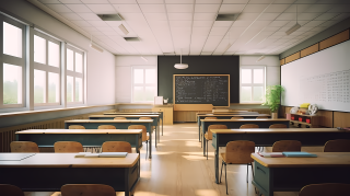 大学教室白木桌椅黑板摄影图