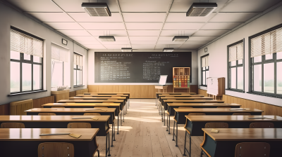 整洁明亮的教室白桌椅黑板摄影图