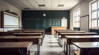 学校教室白桌椅黑板摄影图