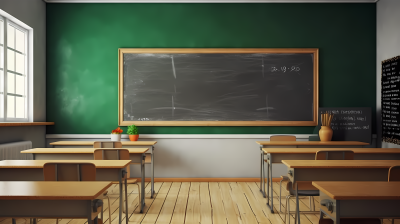 空教室黑板白色木桌椅摄影图