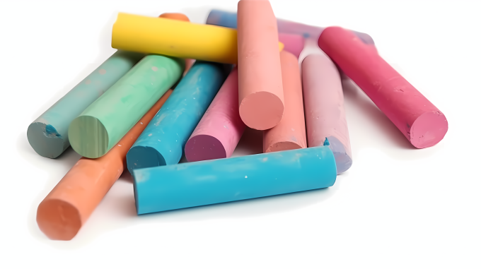 白桌上的彩色粉笔特写图片