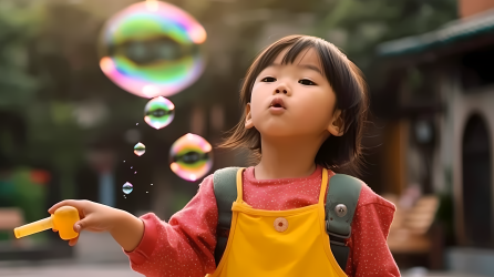 亚洲华裔孩子吹泡泡摄影图