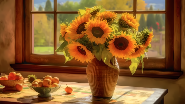 阳台上的向日葵鲜花图版权图片下载
