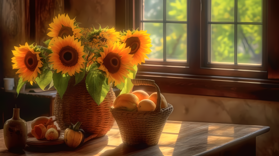 窗边的向日葵篮子摄影图