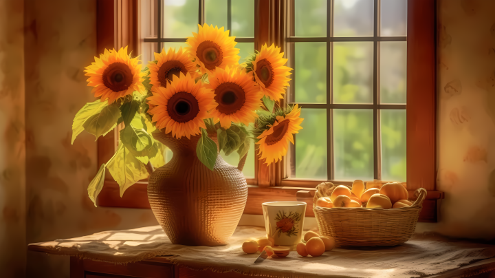 田园风光的窗台上的向日葵高清图版权图片下载