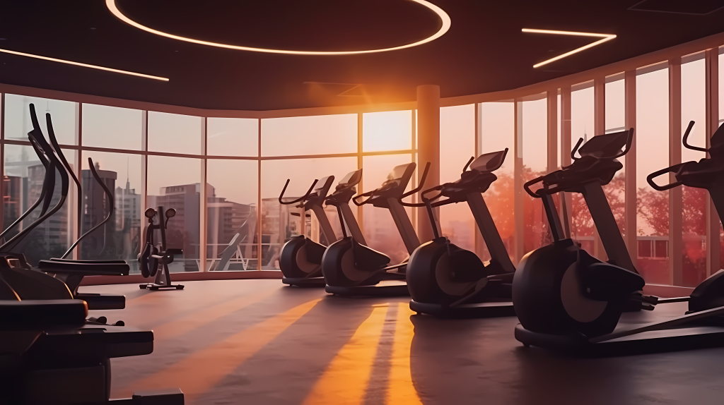 健身俱乐部有氧运动器材高清图版权图片下载