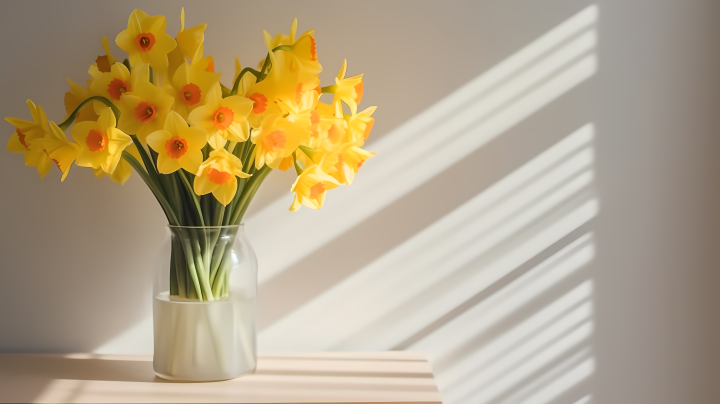 黄色水仙花瓶中的自然光影摄影图版权图片下载