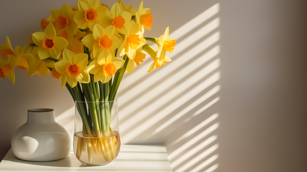 黄色自然光下大理石台面上的水仙花摆件摄影图版权图片下载