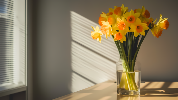 水仙花瓶中的自然光影摄影图